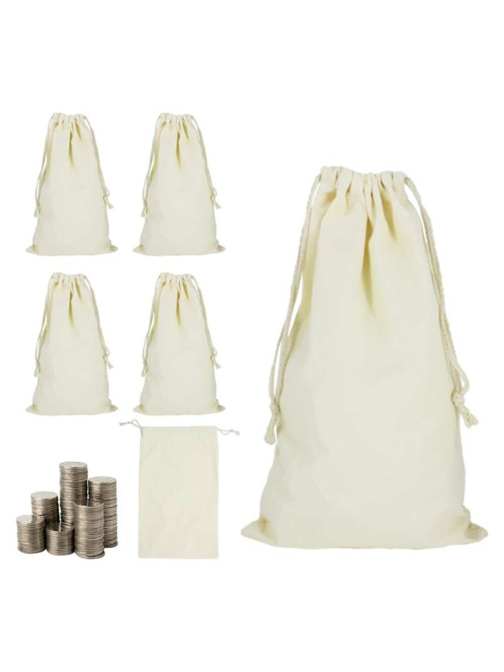 6 Pack 10x17” Canvas Coin Deposit Bags Drawstring Closure